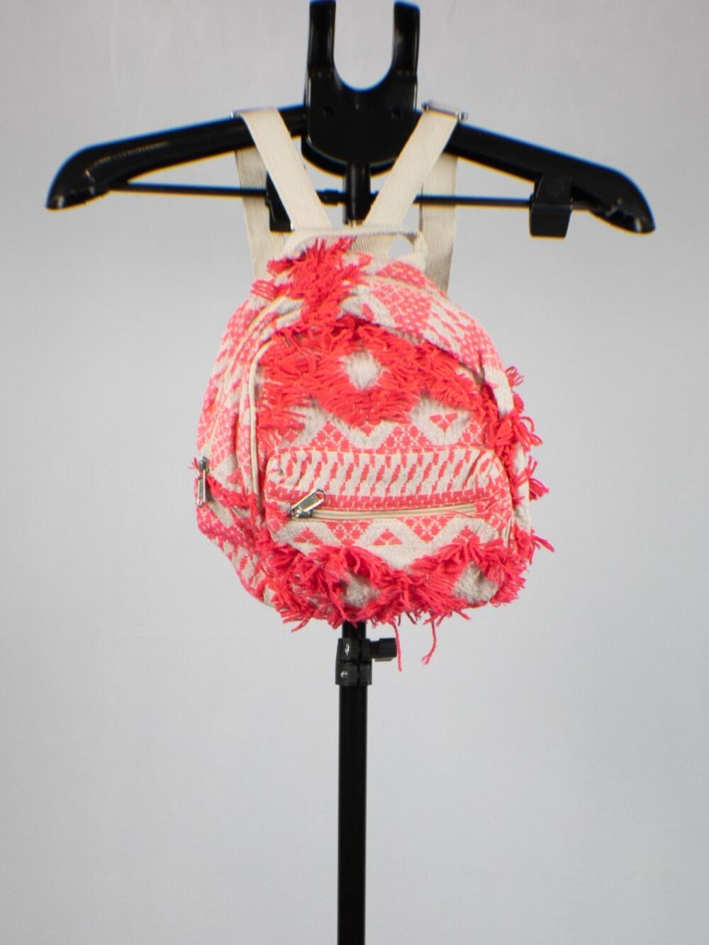 Neon Pink Woven Aztec Mini Backpack Tassel Fringe Boho Festival Daypack